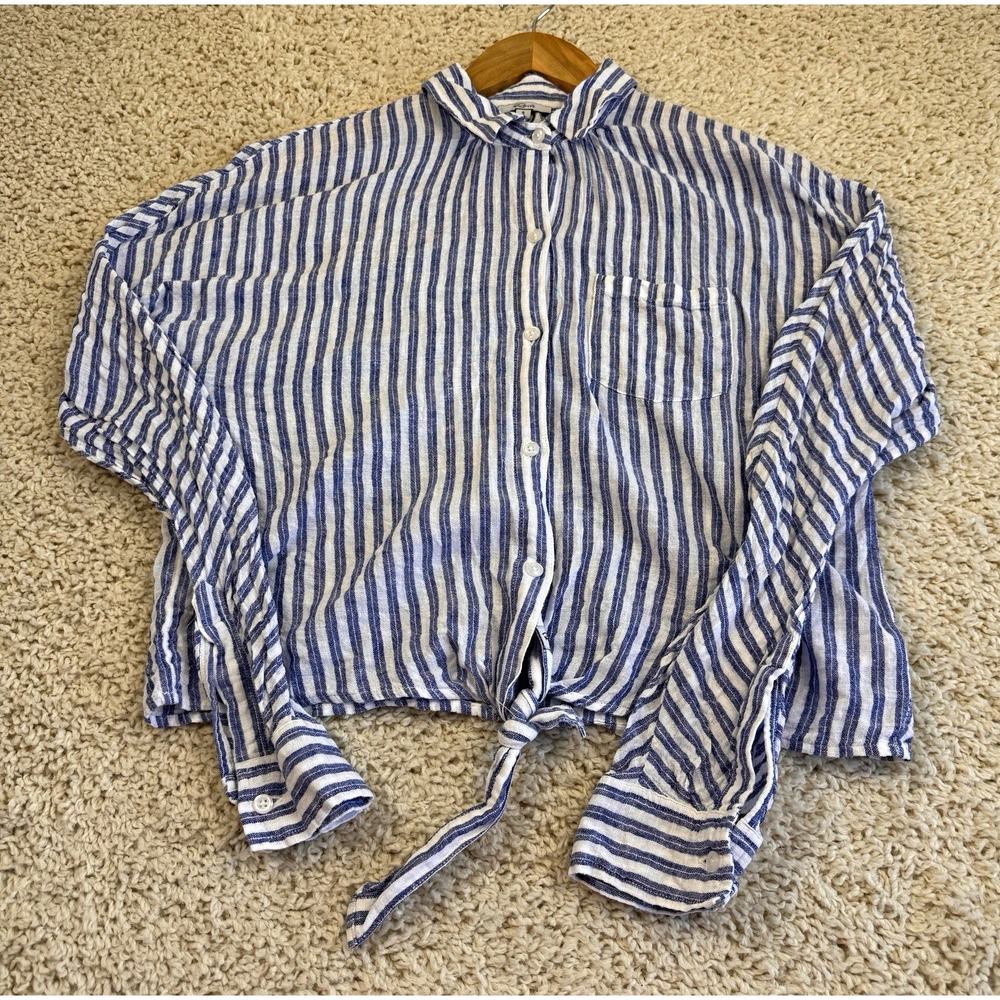 Rails Rylan Atlas Stripe Linen Blend Shirt Women's Small Blue White Tie Front
